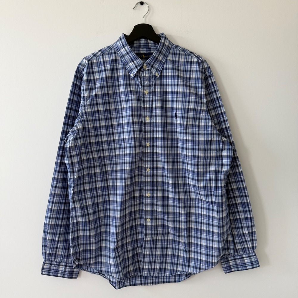 Ralph Lauren Mens XL Blue White Plaid Cotton Button Down Long Sleeve Shirt